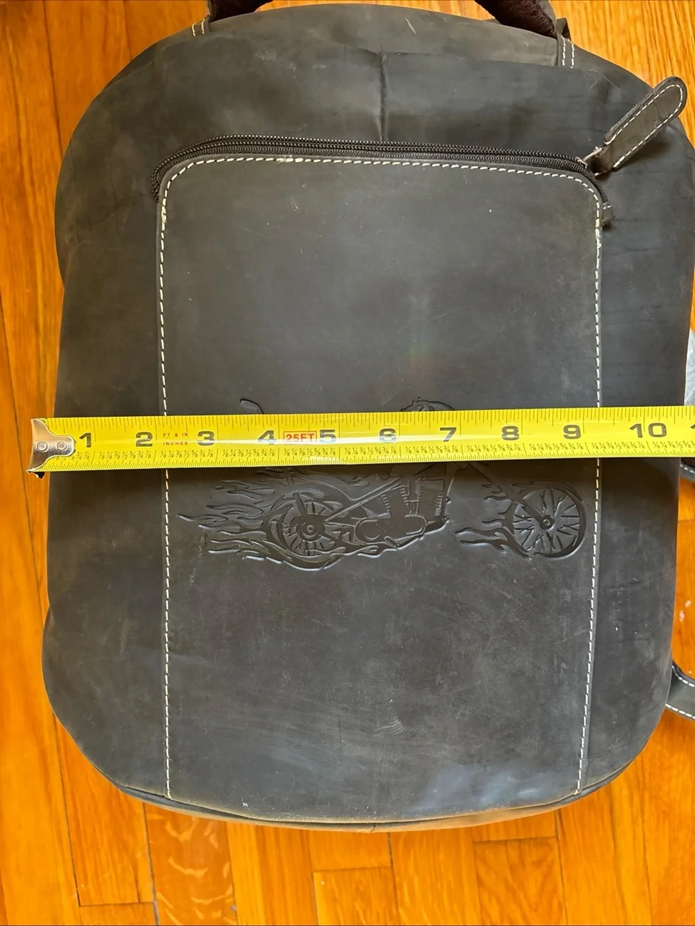Men's Brown Leather Backpack with Embossed Motorcycle Design